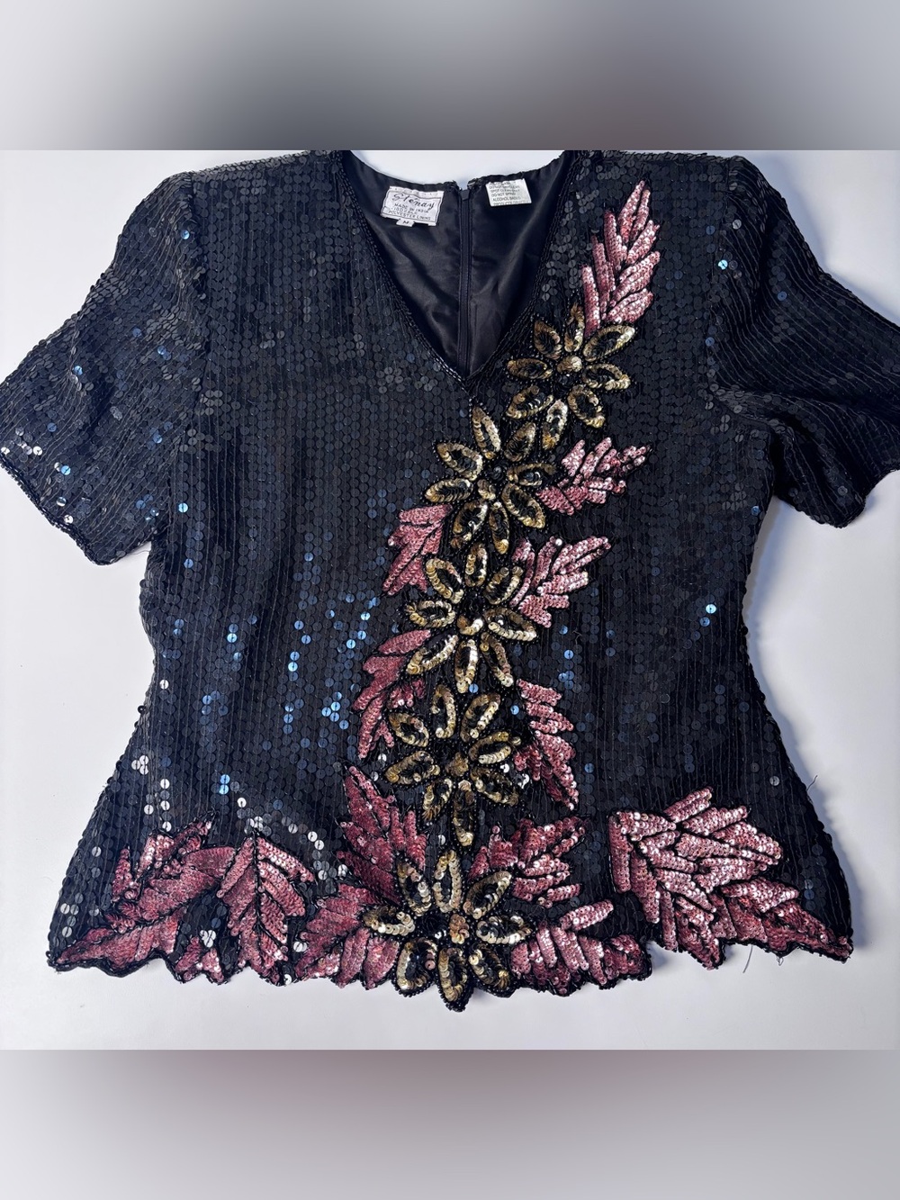 Vintage Stenay Silk Sequin Blouse Black Pink Gold Floral V-Neck Party Top Size M